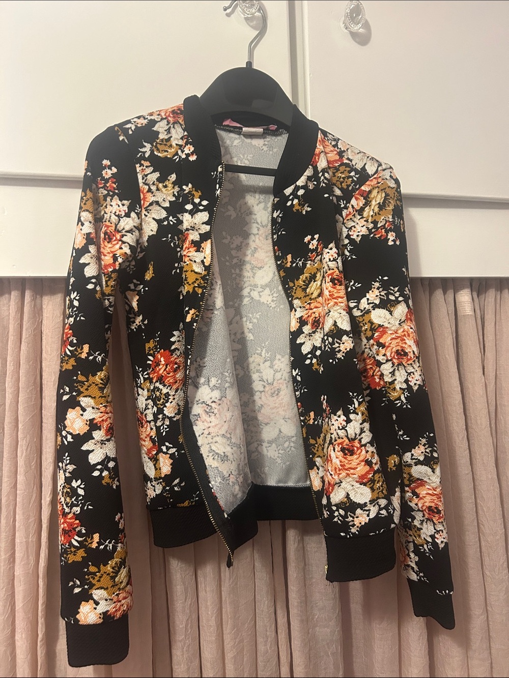 Just 2 Cute Girls Black Floral Bomber Jacket with Orange, White & Gold Flowers